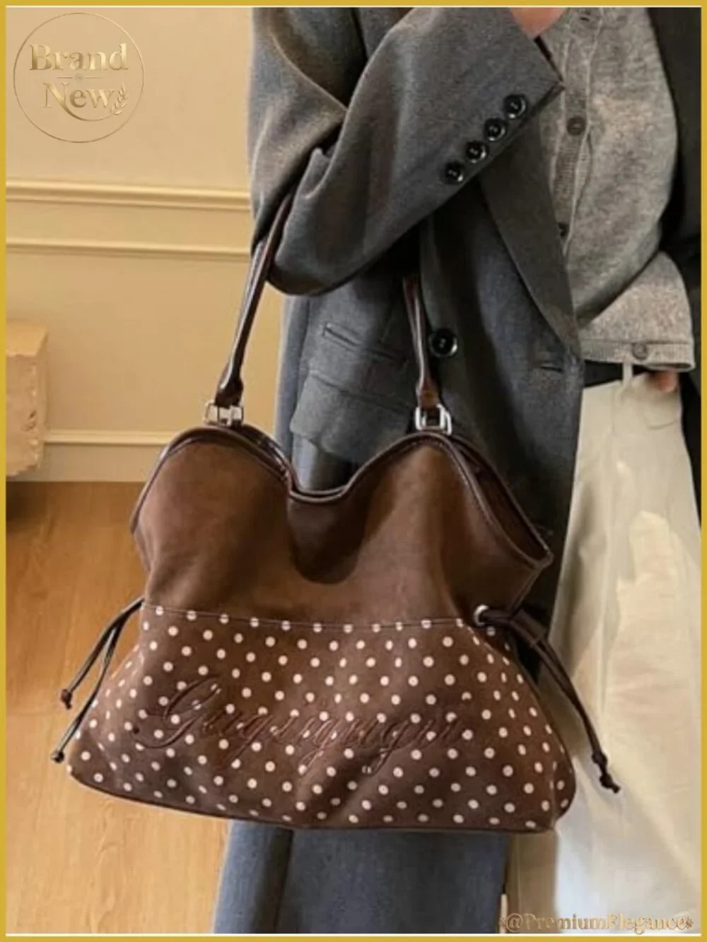 Suede Polka Dot Hobo Bag Y2K Slouchy Tote Purse Women Shoulder Handbag